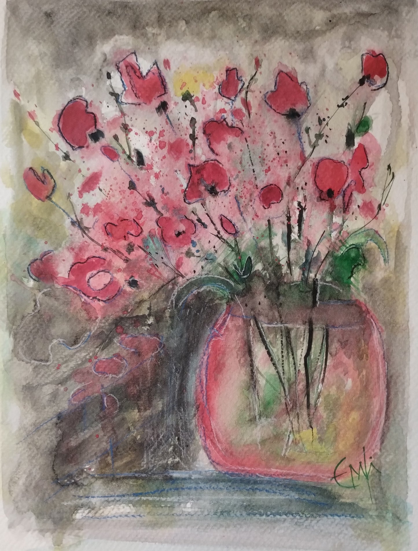 Red Poppies In A Red Vase